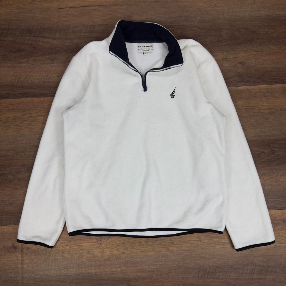 Nautica Jeans Co‎ Mens Large White Navy Quarter Zip Fleece Pullover NJC Logo